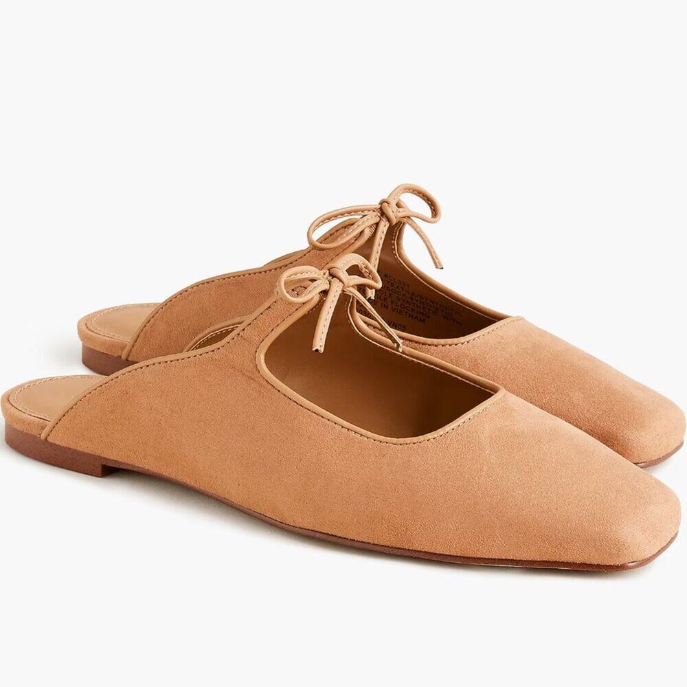 NWT J Crew Factory Bow Faux Suede Slip-on Mules Shoes Sienna Tan Size 9